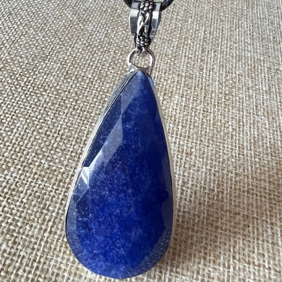 New Faceted Blue Enhanced Sapphire Stone Silver Overlay Pendant Necklace w Cord - Picture 2 of 8
